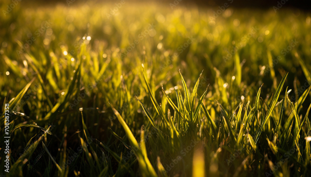 Macro photo of green grass field with sunlight creating dynamic shadows