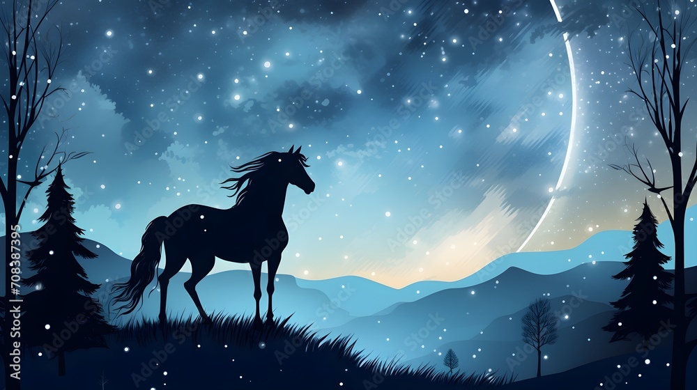Lunar Silhouette: Horse in Moonlight, Framed by a Starry Sky - Capturing the Mystique of Equine Beauty under the Celestial Canopy Lunar Silhouette: Horse in Moonlight, Framed by a Starry Sky - Capturing the Mystique of Equine Beauty under the Celestial Canopy