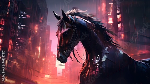 Cyber Equine Odyssey: Digital Artwork of a Horse in Futuristic Cityscape - Melding Nature's Grace with Cyberpunk Edge