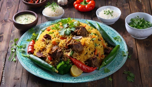 Traditional oriental pilaf with beef, rice and vegetables on a plate