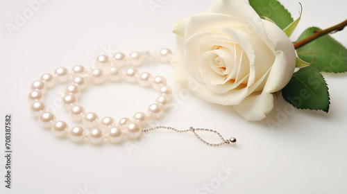 beautiful white rose with petals and pearl necklace with a white flower on white background