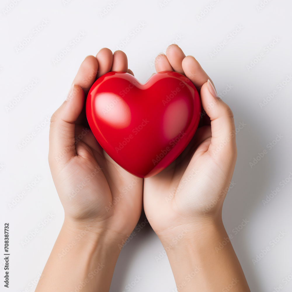 hands hold a red heart on a white background