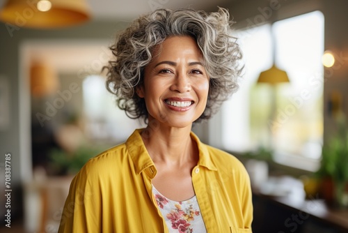 Portrait of a smiling Asian woman with gray hair