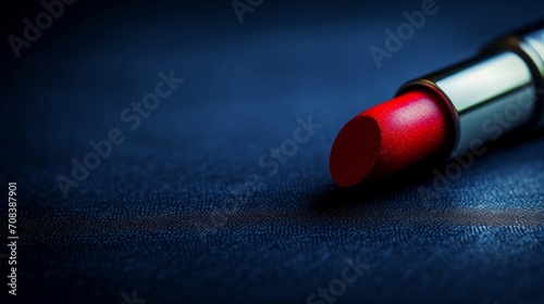 Closeup Red lipstick on a deep blue background in beauty industry photography style. 