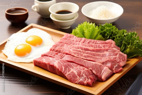 Raw beef steak and sunny side up eggs on a wooden plate