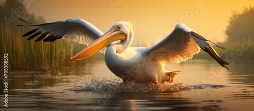Conserving biodiversity in the tranquil Danube Delta, a majestic pelican glides gracefully. photo