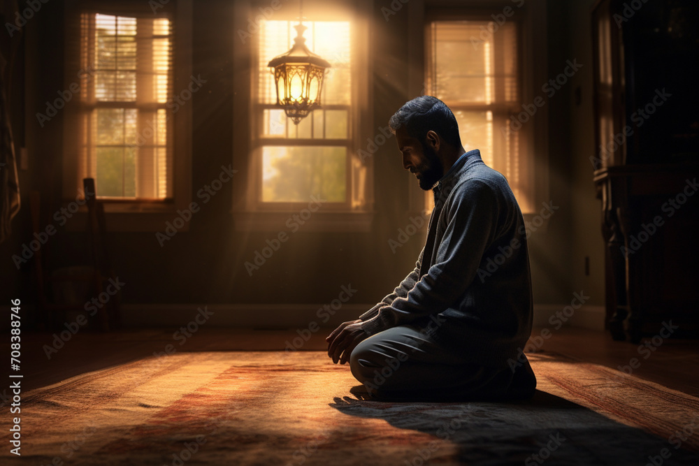 Muslim man has a prayer at home