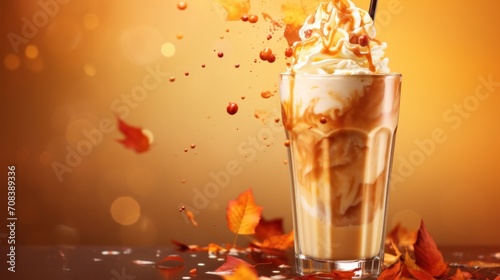 Tasty pumpkin spices milkshake topped with cream. Autumn drink concept. photo