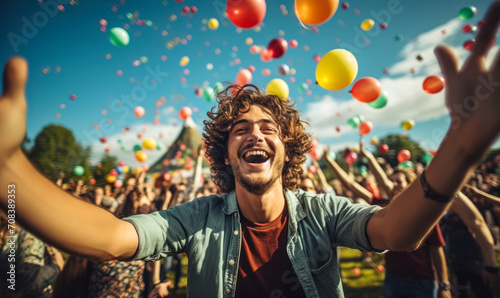 Leinwand Poster Joyful young man with curly hair celebrating at a festival, arms outstretched, s