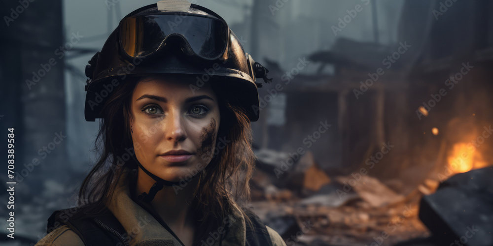 A female military correspondent in a helmet and bulletproof vest is reporting from the scene, telling the news about the war against the background of destroyed buildings. A female military correspondent in a helmet and bulletproof vest is reporting from the scene, telling the news about the war against the background of destroyed buildings.