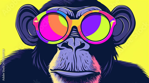 Wow pop art monkey face. Monkey with colorful glasses pop art background. Animals characters 