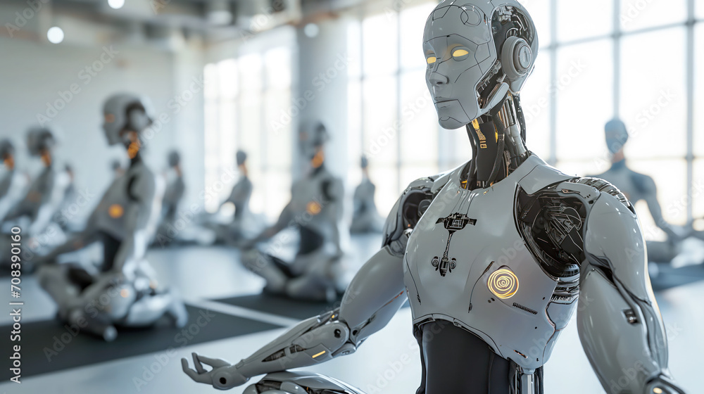 Android Robot Does Yoga in Yoga Class Android Robot Does Yoga in Yoga Class