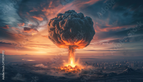Mushroom Cloud and Nuclear War, radioactive explosion, final apocalypse and armageddon