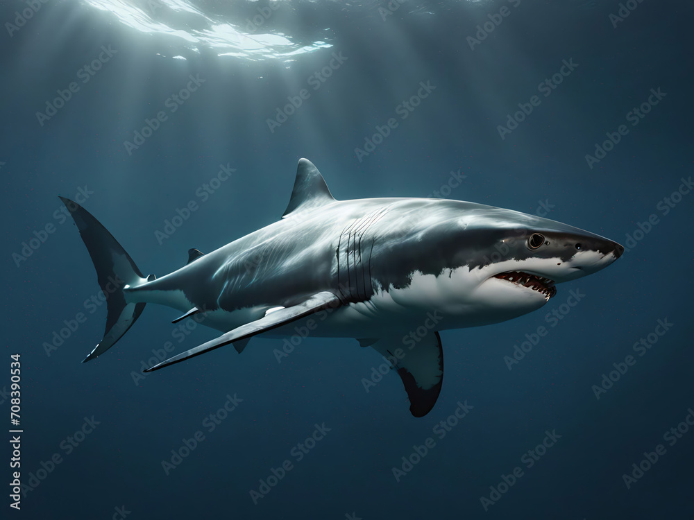 Fototapeta premium Great white shark in swimming the ocean. Blue hues and natural lighting from above surface water.