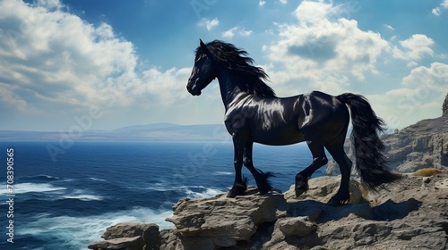 Majestic Seaside Sovereignty: Black Stallion Proudly on Cliff, Overlooking Ocean - A Regal Equine Vista in Nature's Grandeur