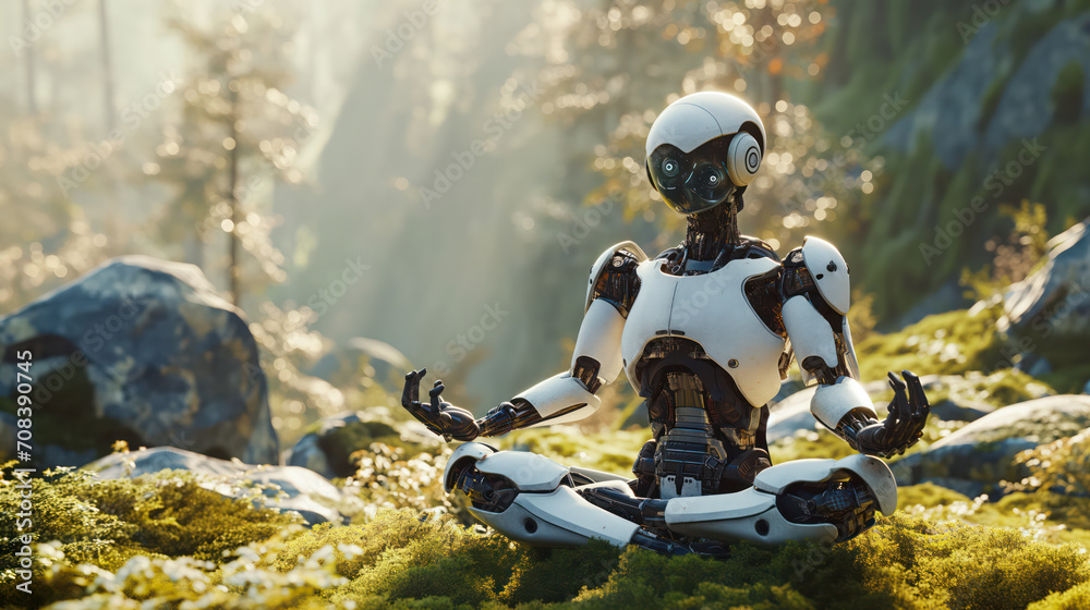Android Robot Meditates in Nature Android Robot Meditates in Nature