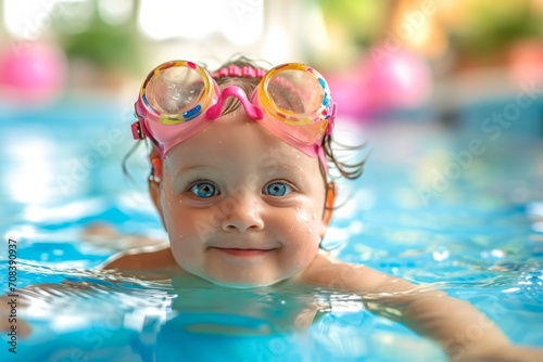 Little swimmer, joyful kid, baby swims in the pool with swimming goggles. portrait of a contented child. water treatments, children's entertainment.