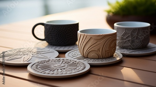 a sand-made coasters set, featuring intricate patterns and coastal motifs, providing both practicality and aesthetic appeal to coffee tables and dining areas.