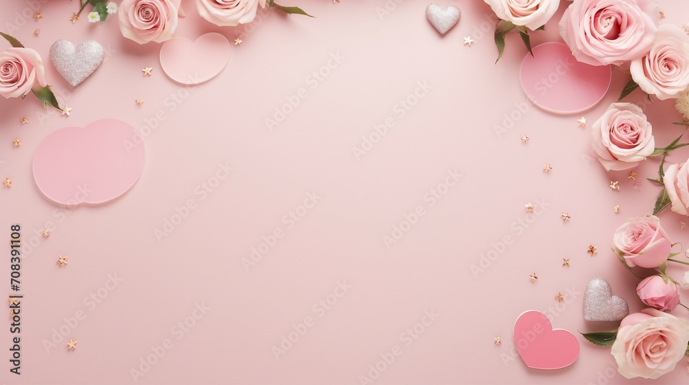 Captivating Mother's Day Concept: Top View of Love and Celebration with Small Roses, Hearts, and Sprinkles on a Pastel Pink Background - Perfect for Greeting Cards and Emotional Designs!