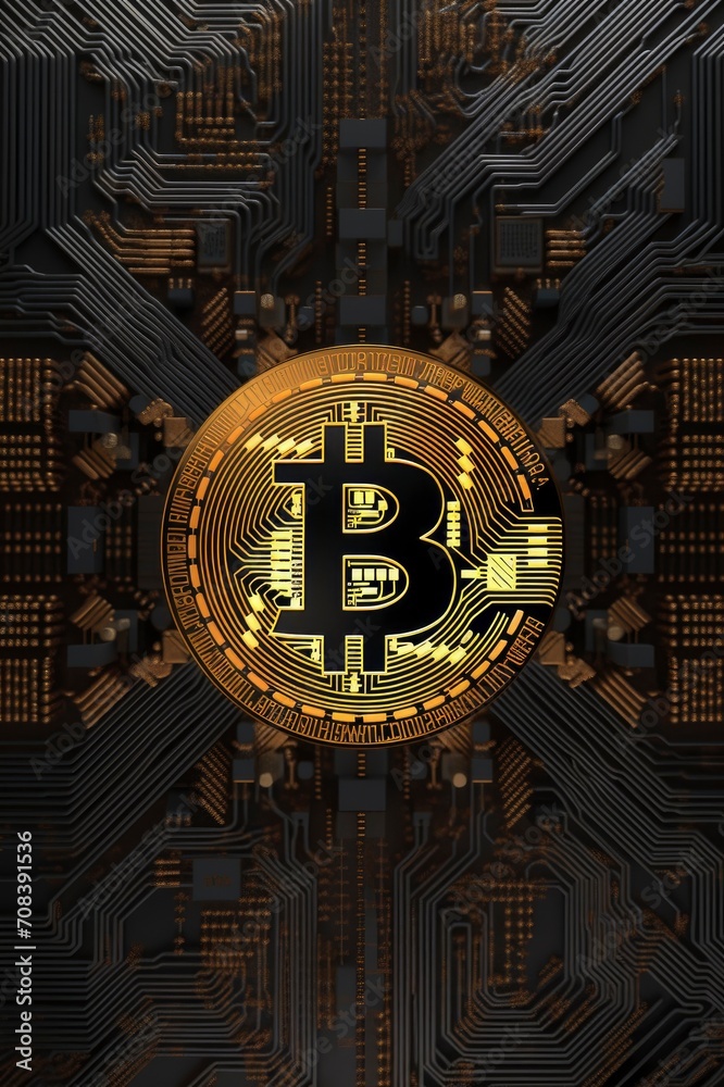 Bitcoin cryptocurrency, circuit background, Generative AI Bitcoin cryptocurrency, circuit background, Generative AI
