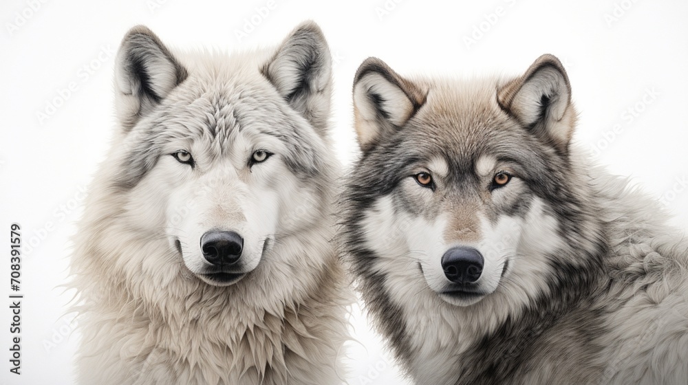 two majestic wolves, their keen eyes gazing into the distance, set against the quiet beauty of a pure white background, capturing the essence of their wild spirit.
