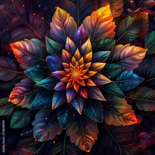 Psychedelic Leaves Realism with Fantasy Elements, Flower and Nature Motifs,  Colorful Fantasy Realism, Mesmerizing Colorscapes photo
