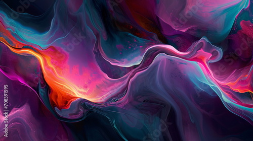 Colorful Abstract Painting with Red and Purple Tones, Fluid Lines and Digital Fantasy Landscapes