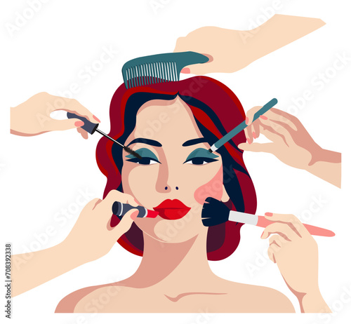 Many hands doing glamour make up for young woman. Facial improvement products to be beautiful and attractive woman. Cosmetology stylist occupation scene. Vector illustration on a white background.