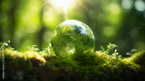 Green Globe In Forest With Moss And Defocused Abstract Sunlight - Earth Day 