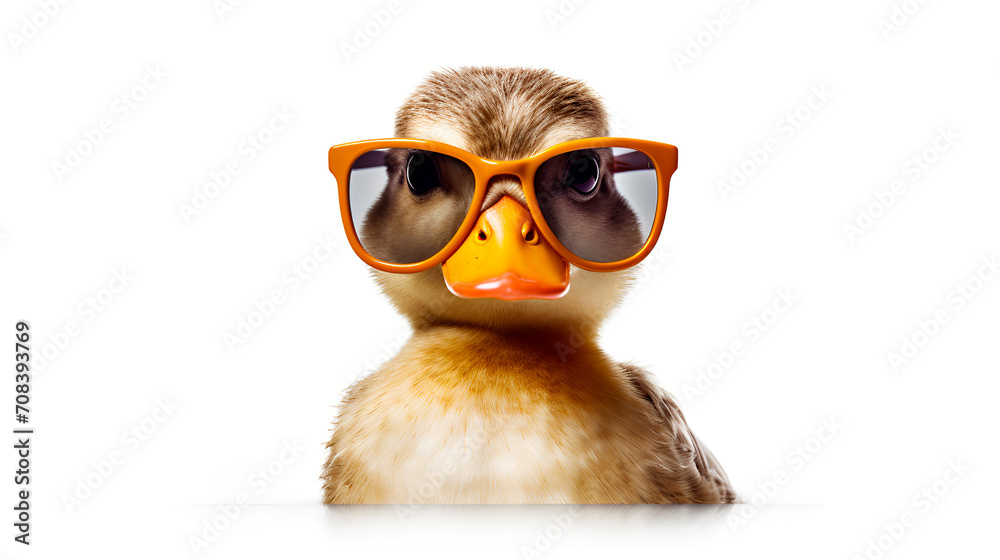 Funny duck in sunglasses in trendy style on colorful background. Portrait pet summer. Pet care, generated AI