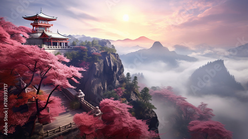 Stunning mountain view of Asian temple amidst mist and blooming sakura trees in misty haze symbolizing harmony between nature and spirituality, breathtaking allure of nature photo