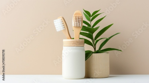 No plastic concept. Top view photo of jar with toothpaste natural cosmetics soap dental floss toothbrushes hair brush cotton buds green plant leaves and wooden stands on isolated beige background