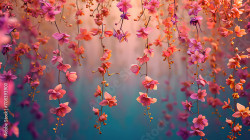 Fototapeta Naklejka Na Ścianę i Meble -  Elegant colorful with vibrant  flower hanging branches illustration background. Bright color 3d abstraction wallpaper for interior mural, Generated by AI	