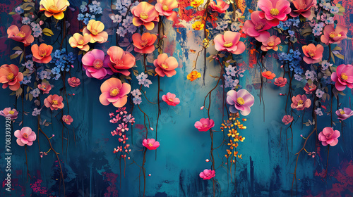 Elegant colorful with vibrant  flower hanging branches illustration background. Bright color 3d abstraction wallpaper for interior mural, Generated by AI  © Tuấn