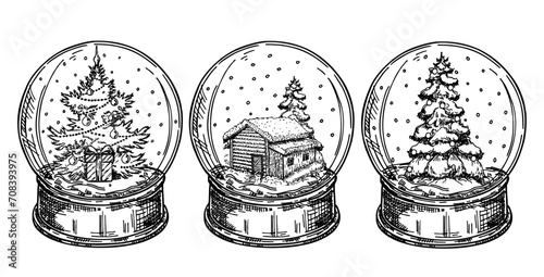 Set of christmas ball. Christmas snow globes with Christmas tree. Merry christmas glass ball sketch collection. Vector hand draw illustration