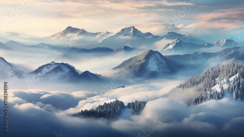Panorama of the foggy winter landscape