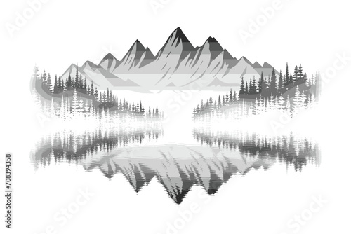 Forest and mountains are reflected in the lake, vector sketch, isolated on white background