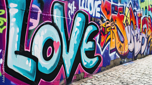 Street art featuring the word LOVE in vibrant colors on backdrop of graffiti
