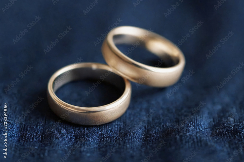Two simple wedding rings resting on a precious dark blue fabric Two simple wedding rings resting on a precious dark blue fabric