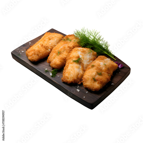 Fried breaded tilapia fillets on a marble board. Isolated on png background. photo