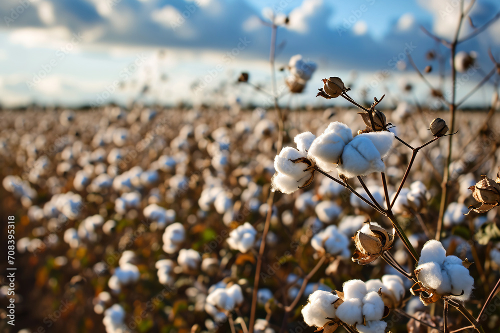 Cotton farm during harvest season. Field of cotton plants with white