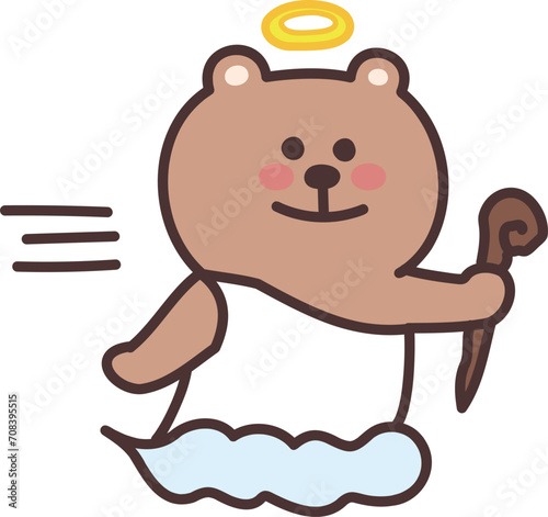 Angel teddy bear flying on the clouds with a wand. Vector illustration isolated on a transparent background.