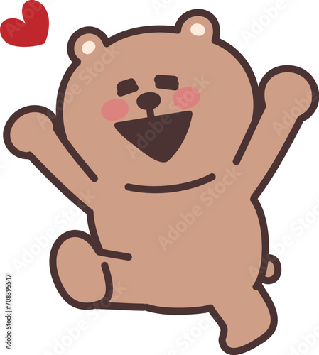 Cartoon teddy bear jumping for joy with a heart. Vector illustration isolated on a transparent background.