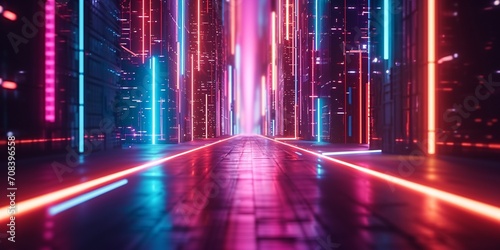 A futuristic composition of intersecting lines and glowing neon colors. Aim for a cyberpunk-inspired aesthetic. Use long exposure techniques to capture light trails and create a sense of motion. 
