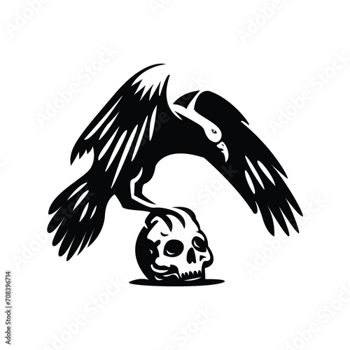Raven and skull on white background