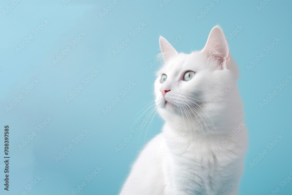 Banner with a white fluffy cat, on a blue background with space for your text. Generated by artificial intelligence