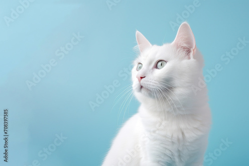 Banner with a white fluffy cat, on a blue background with space for your text. Generated by artificial intelligence