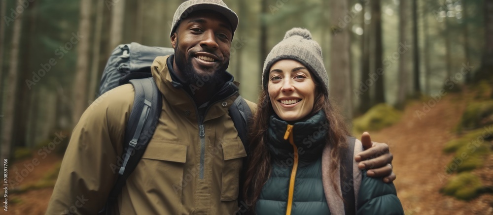 Portrait, smile and black man hiking in the forest together with his wife for travel, freedom or adventure.