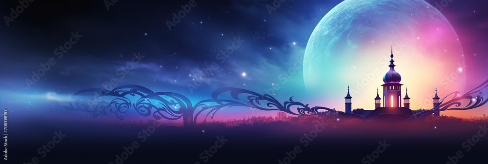 Ramadan banner , a mosque silhouette against a large, glowing full moon with ornate Islamic patterns - obrazy, fototapety, plakaty 