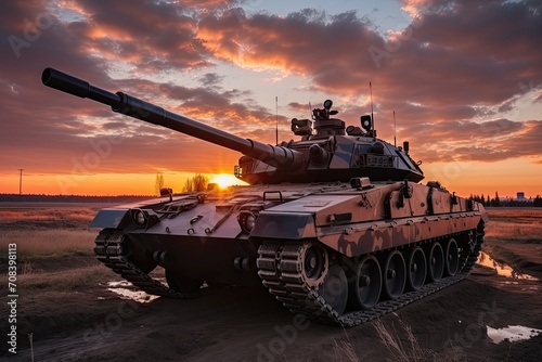 Military tank ready for battle in the field at dawn, AI Generative